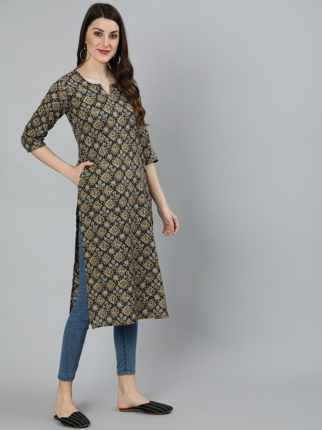 Women Black Abstract Printed Straight Kurta With Three Quarter Sleeves | LASVINI - Redefining Indian Fashion with Elegance