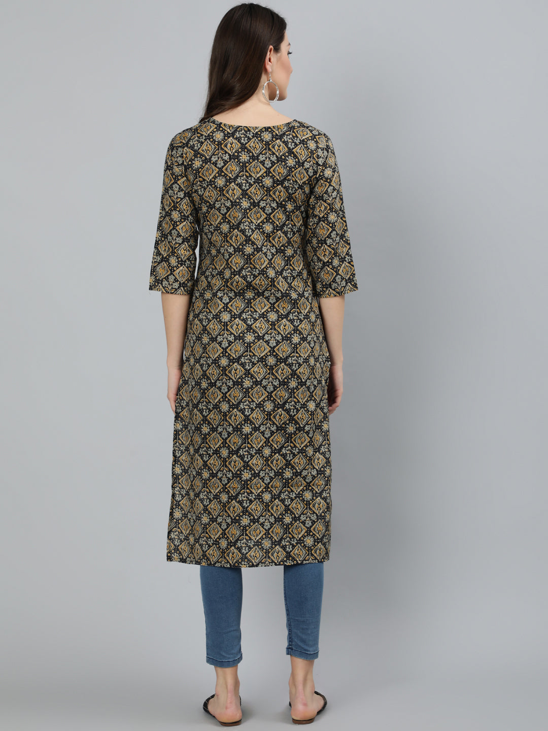 Women Black Abstract Printed Straight Kurta With Three Quarter Sleeves | LASVINI - Redefining Indian Fashion with Elegance