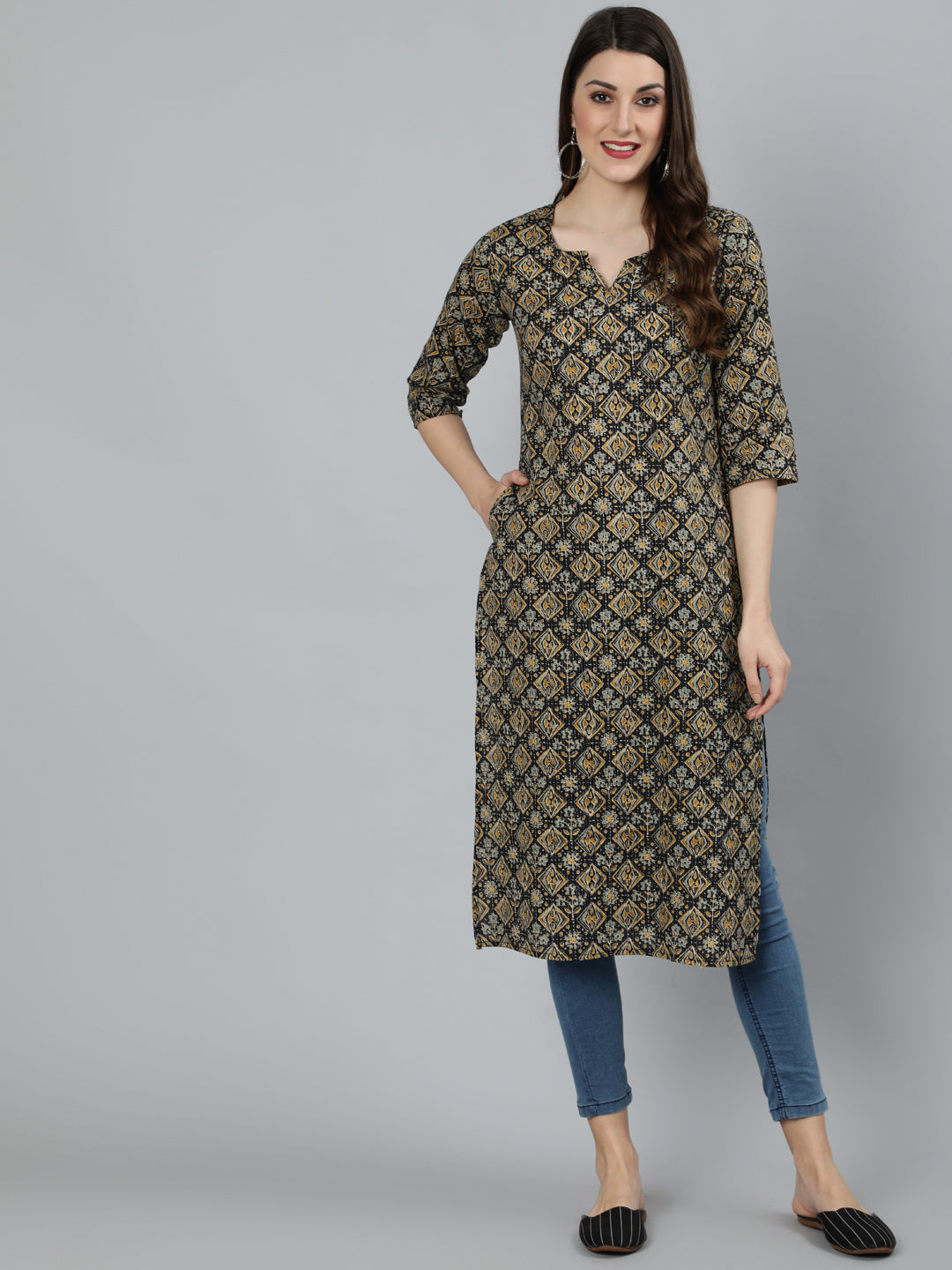 Women Black Abstract Printed Straight Kurta With Three Quarter Sleeves | LASVINI - Redefining Indian Fashion with Elegance