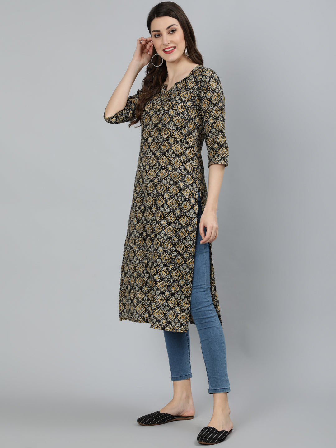 Women Black Abstract Printed Straight Kurta With Three Quarter Sleeves | LASVINI - Redefining Indian Fashion with Elegance