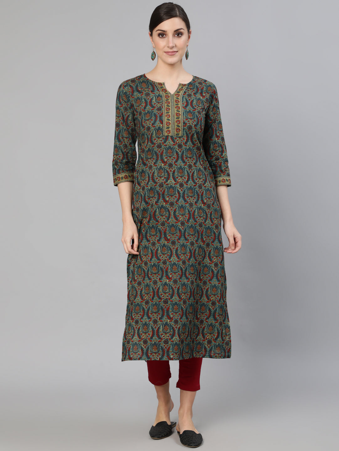 Women Blue Ethnic Motif Printed Straight Kurta With Three Quarter Sleeves | LASVINI - Redefining Indian Fashion with Elegance
