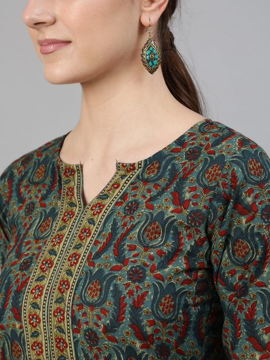 Women Blue Ethnic Motif Printed Straight Kurta With Three Quarter Sleeves | LASVINI - Redefining Indian Fashion with Elegance