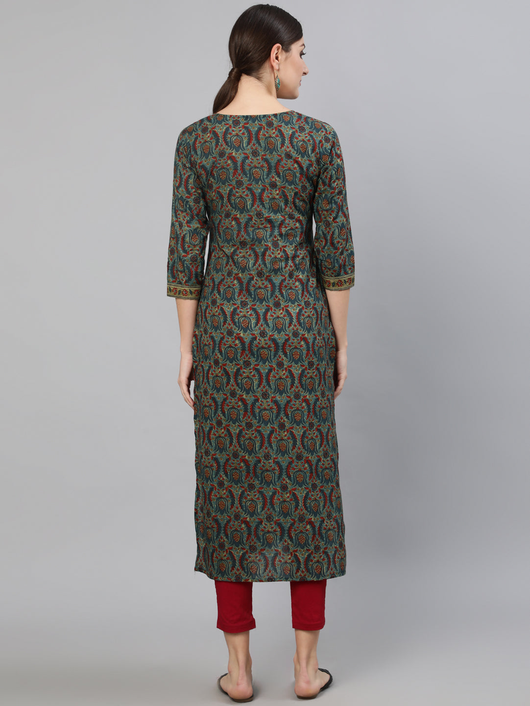 Women Blue Ethnic Motif Printed Straight Kurta With Three Quarter Sleeves | LASVINI - Redefining Indian Fashion with Elegance