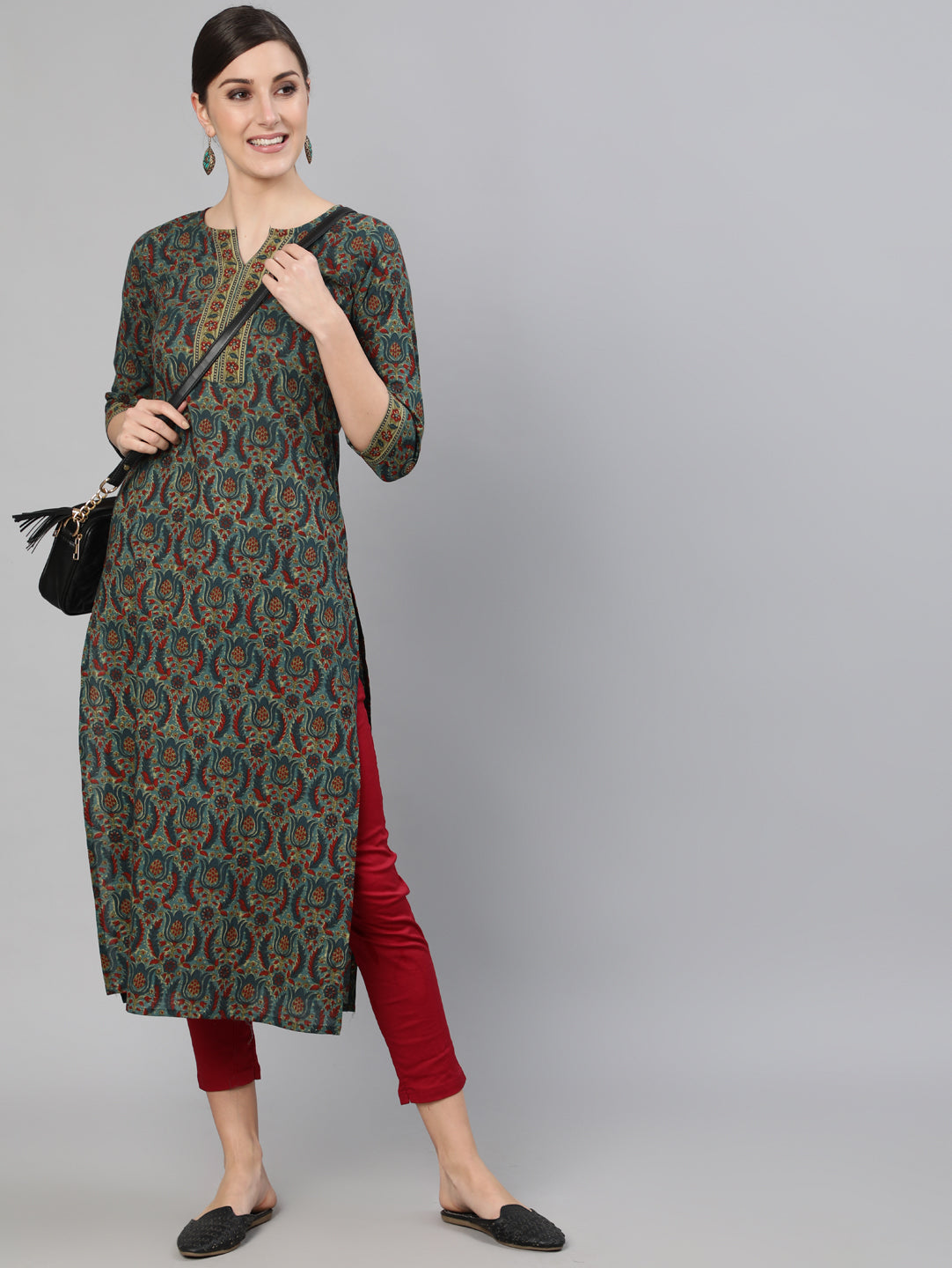 Women Blue Ethnic Motif Printed Straight Kurta With Three Quarter Sleeves | LASVINI - Redefining Indian Fashion with Elegance