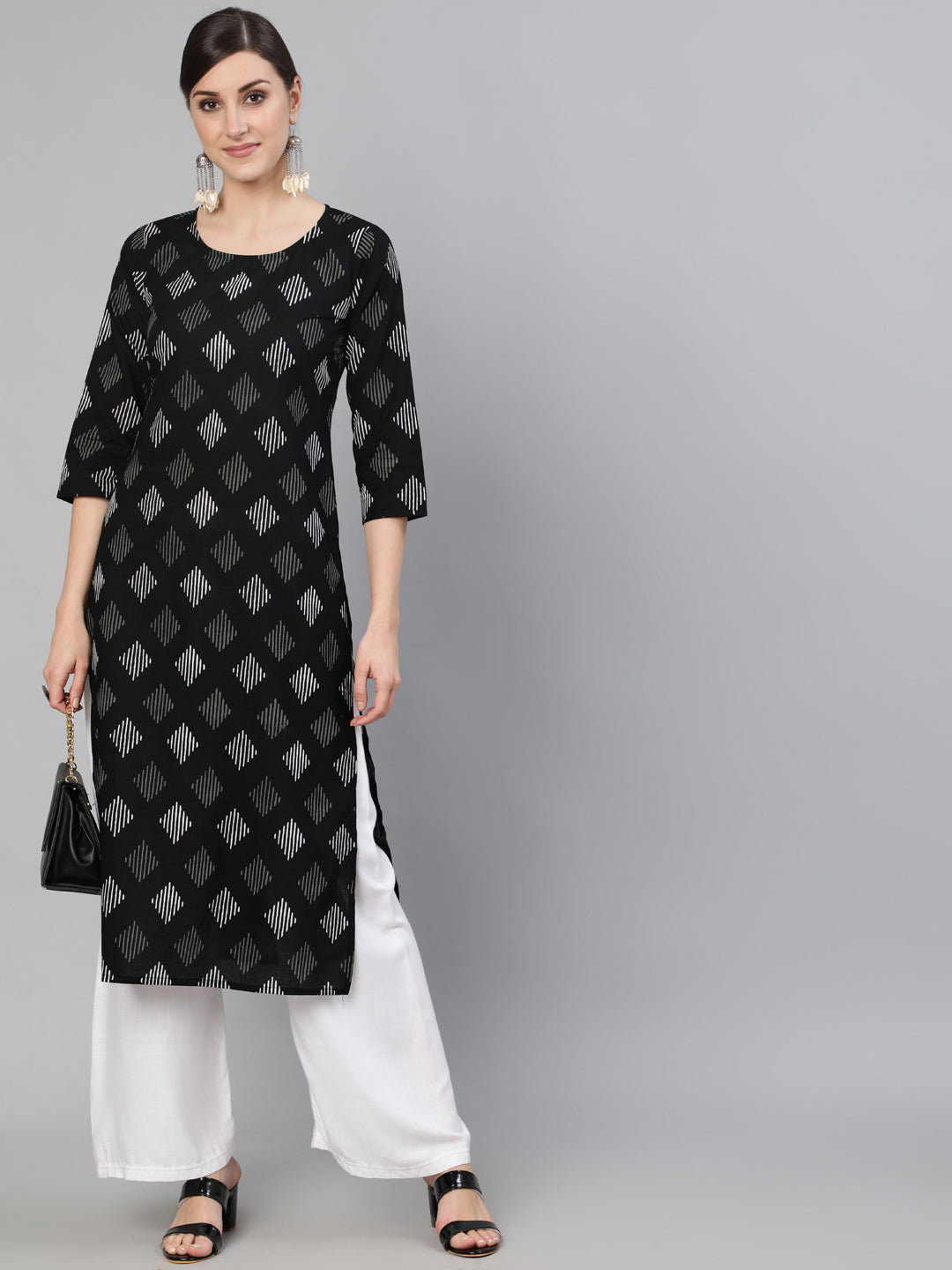 Women Black Geometric Printed Straight Kurta With Three Quarter Sleeves | LASVINI - Redefining Indian Fashion with Elegance