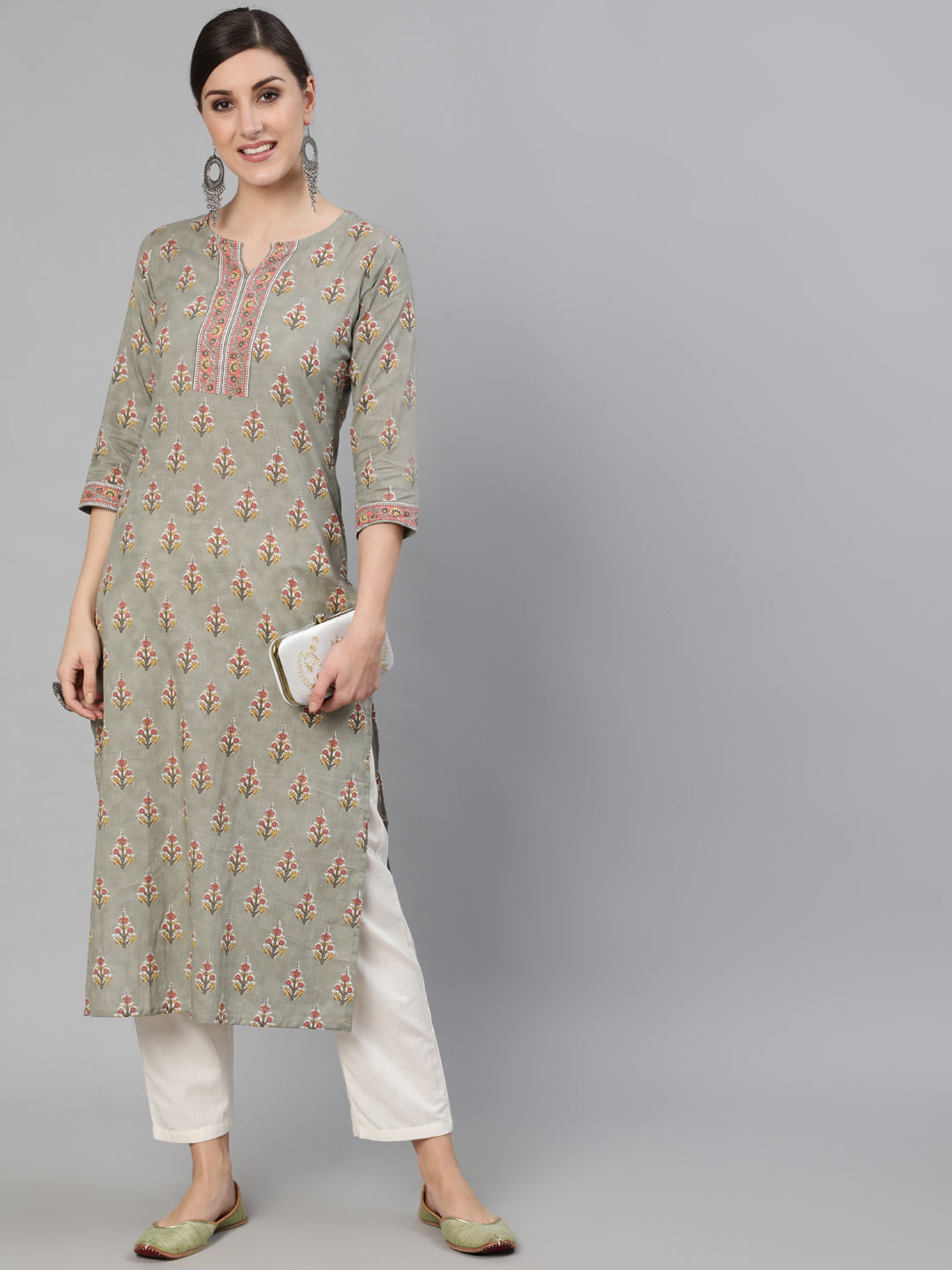 Women Grey Floral Printed Straight Kurta With Three Quarter Sleeves | LASVINI - Redefining Indian Fashion with Elegance