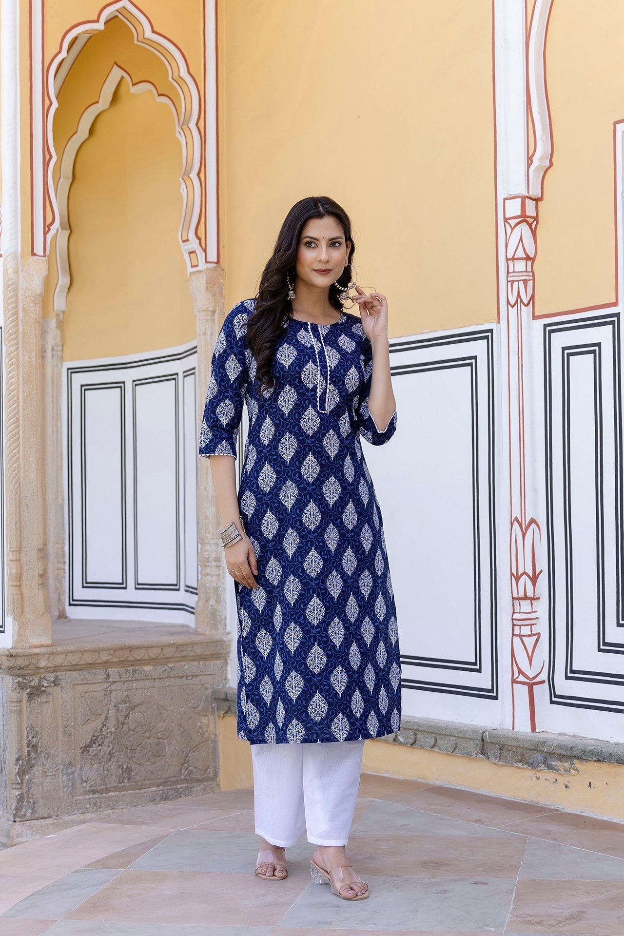 Women Navy Blue Ethnic Printed Straight Kurta With Lace Details | LASVINI - Redefining Indian Fashion with Elegance