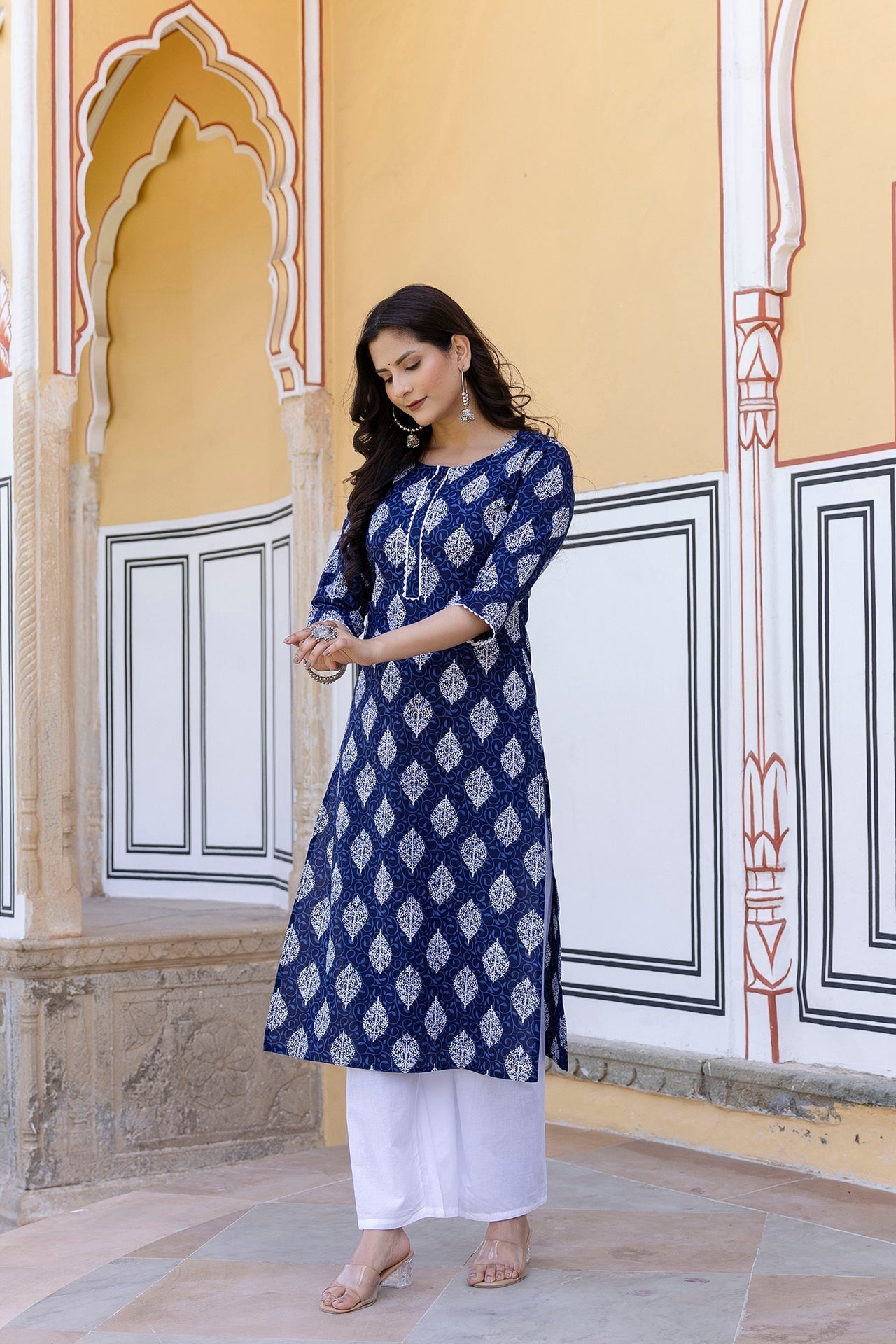 Women Navy Blue Ethnic Printed Straight Kurta With Lace Details | LASVINI - Redefining Indian Fashion with Elegance