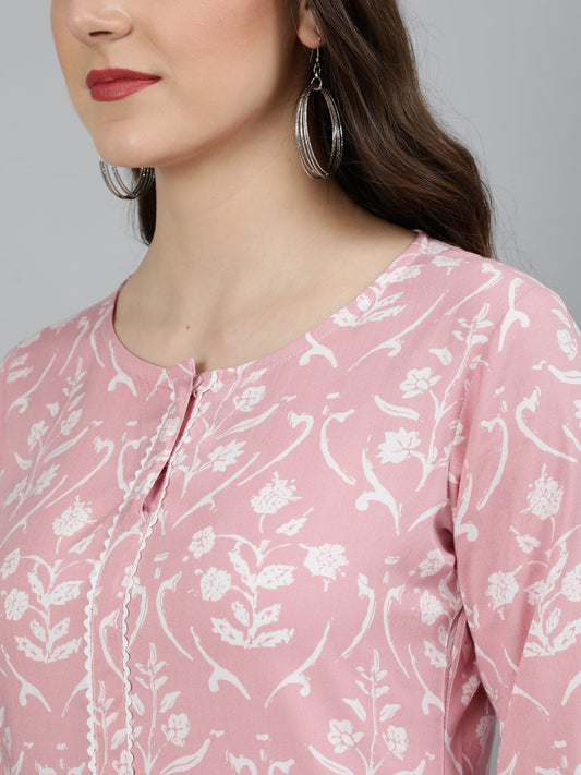 Women Pink Floral Printed Kurta With Three Quarter Sleeves | LASVINI - Redefining Indian Fashion with Elegance
