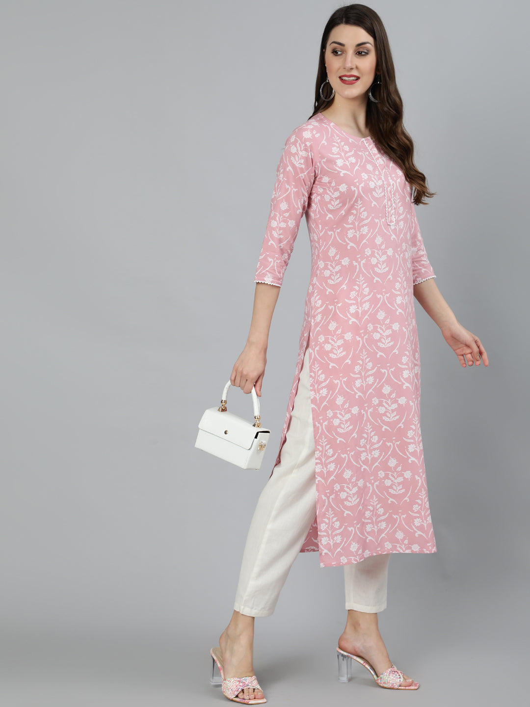 Women Pink Floral Printed Kurta With Three Quarter Sleeves | LASVINI - Redefining Indian Fashion with Elegance