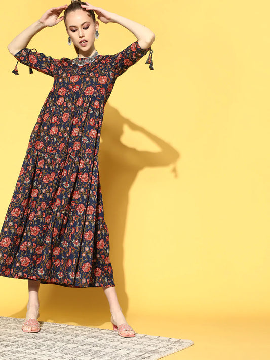 Women Blue Printed Tiered Dress With Tie Up Sleeves | LASVINI - Redefining Indian Fashion with Elegance