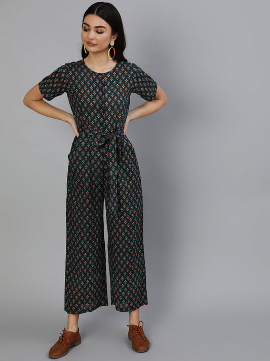 Women Green Printed Jumpsuit With Side Pockets | LASVINI - Redefining Indian Fashion with Elegance