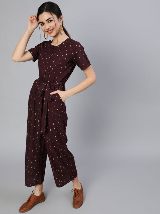 Women Burgundy Printed Jumpsuit With Side Pockets | LASVINI - Redefining Indian Fashion with Elegance