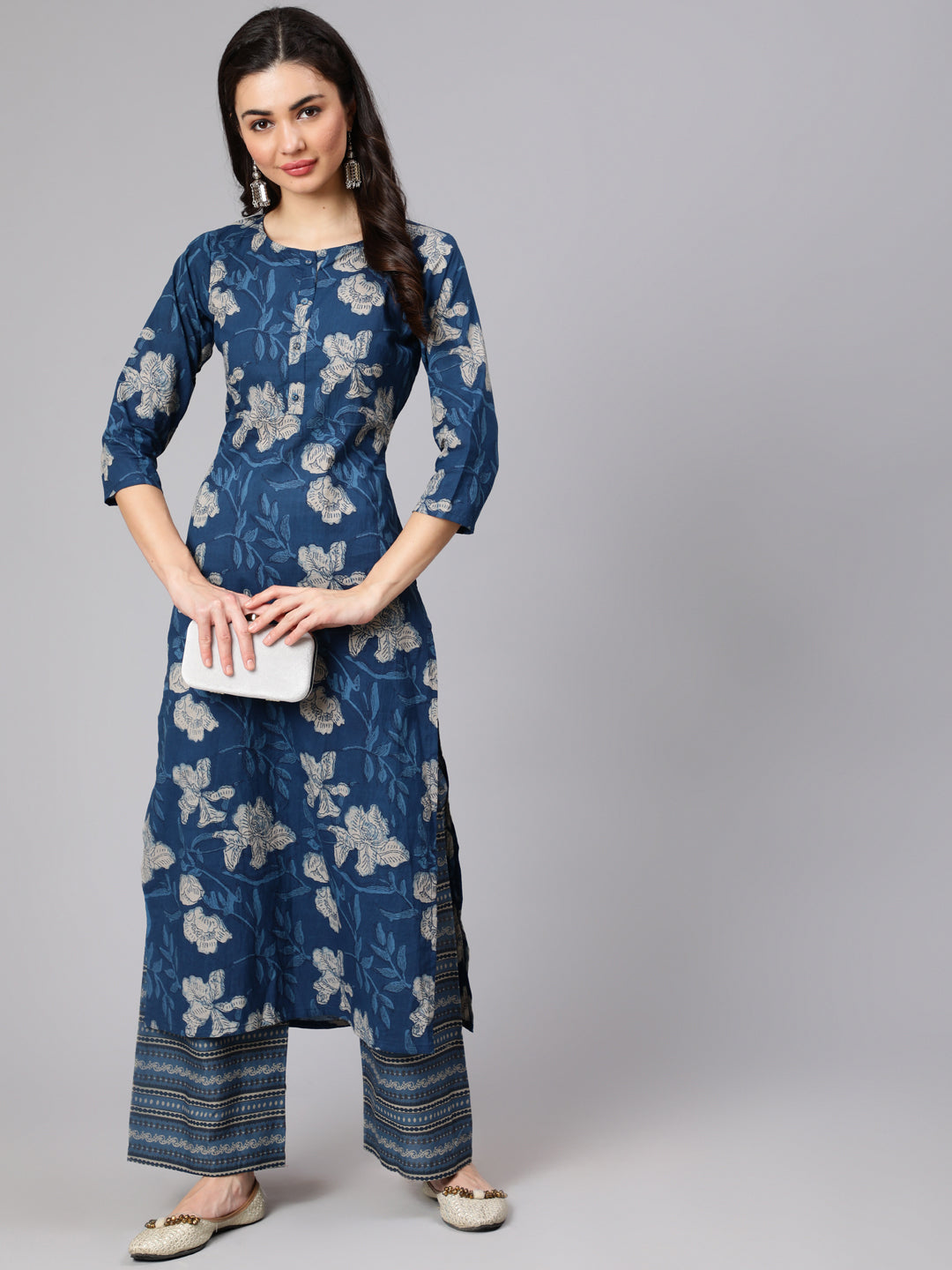 Women Blue Floral Printed Straight Kurta With Three Quarter Sleeves | LASVINI - Redefining Indian Fashion with Elegance