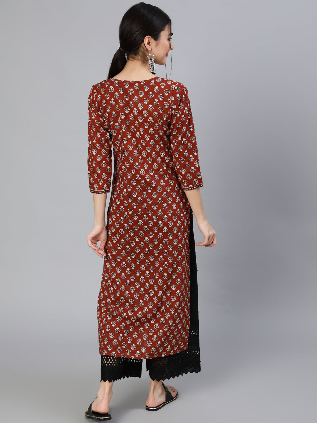 Women Maroon Ethnic Printed Straight Kurta With Three Quarter Sleeves | LASVINI - Redefining Indian Fashion with Elegance