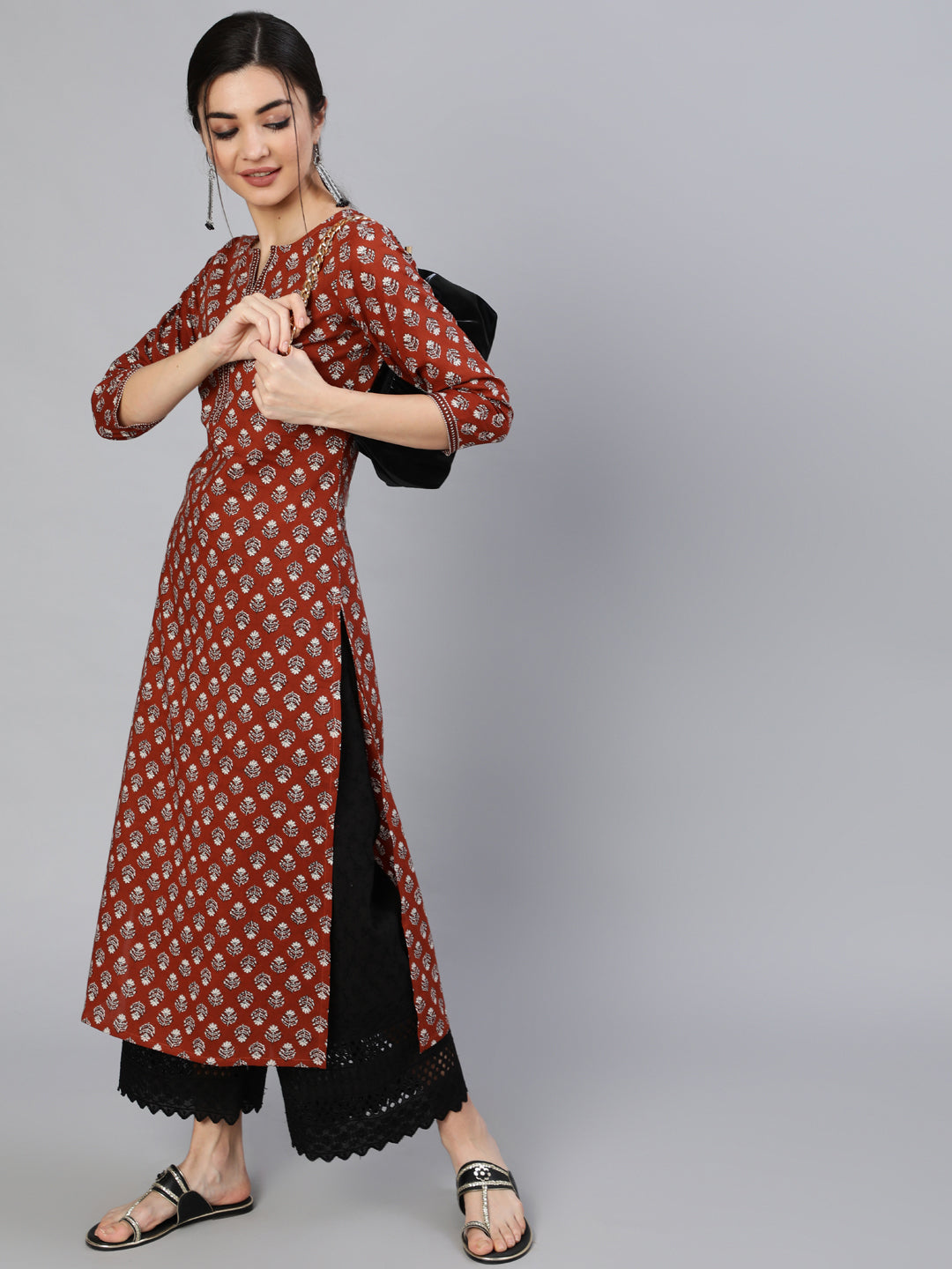 Women Maroon Ethnic Printed Straight Kurta With Three Quarter Sleeves | LASVINI - Redefining Indian Fashion with Elegance