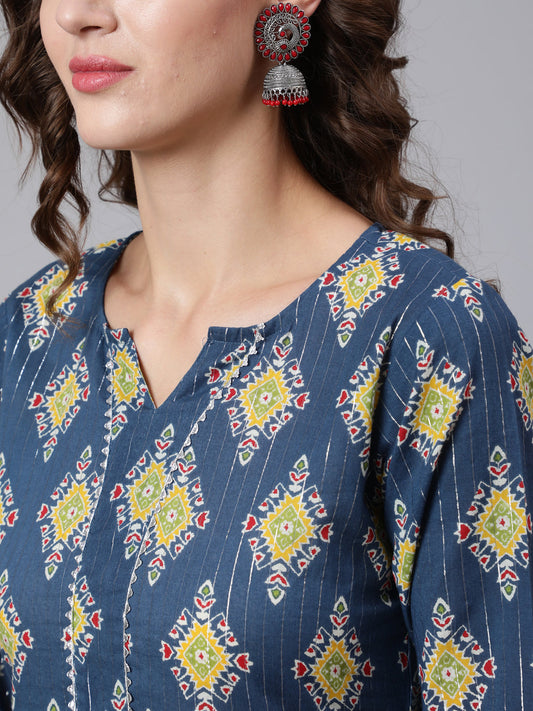 Women Blue Printed Straight Kurta With Three Quarter Sleeves | LASVINI - Redefining Indian Fashion with Elegance