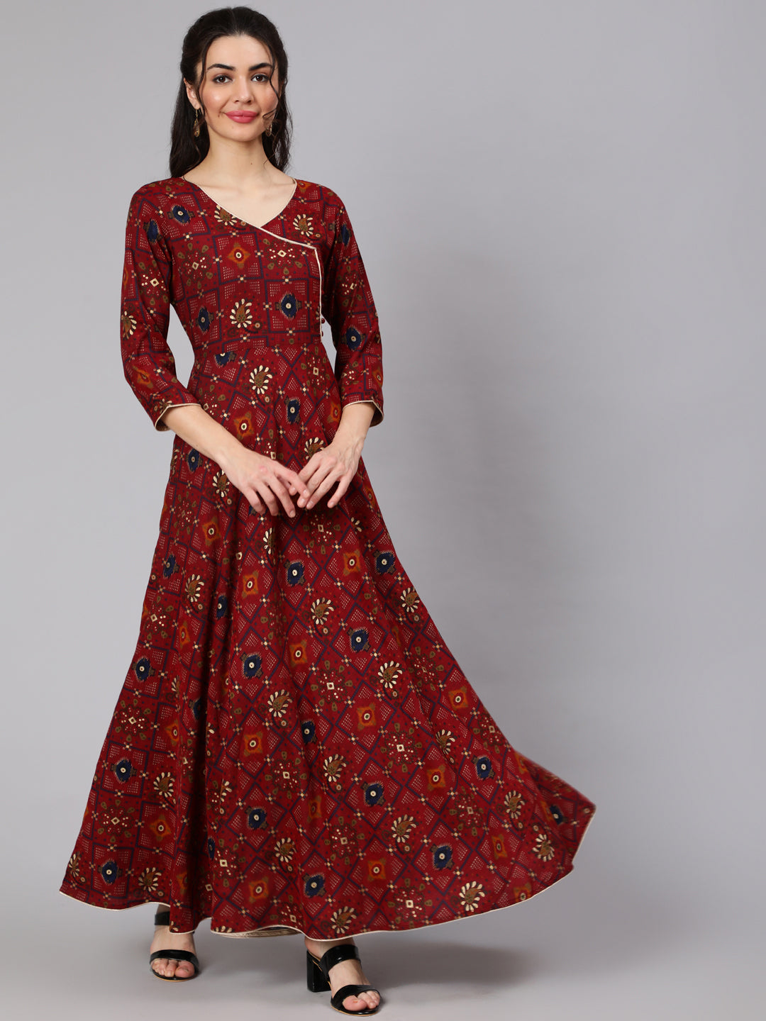 Women Maroon Ethnic Printed Flared Angrakha Dress | LASVINI - Redefining Indian Fashion with Elegance