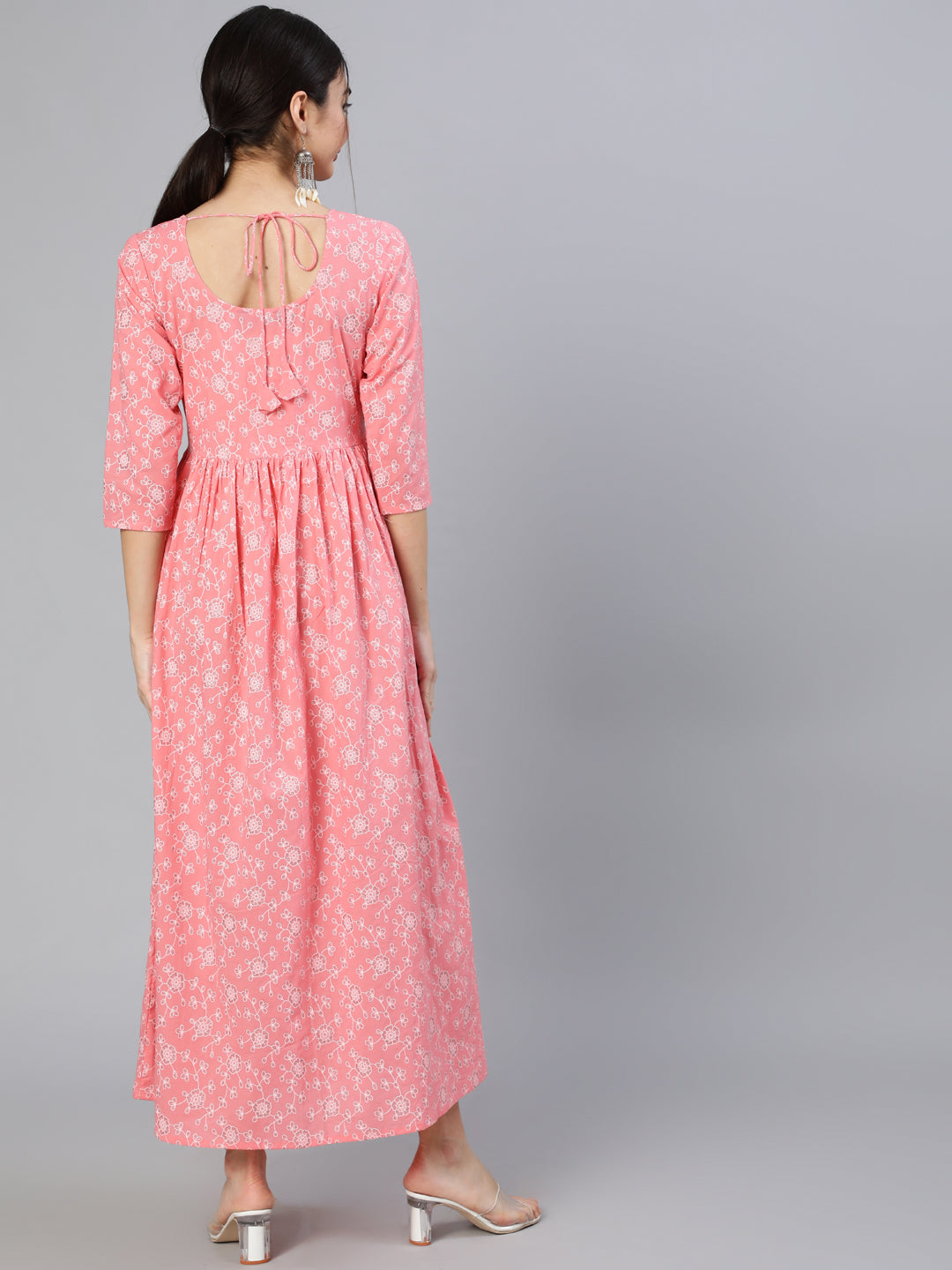 Women Pink Floral Printed Flared Dress With Round Neck | LASVINI - Redefining Indian Fashion with Elegance