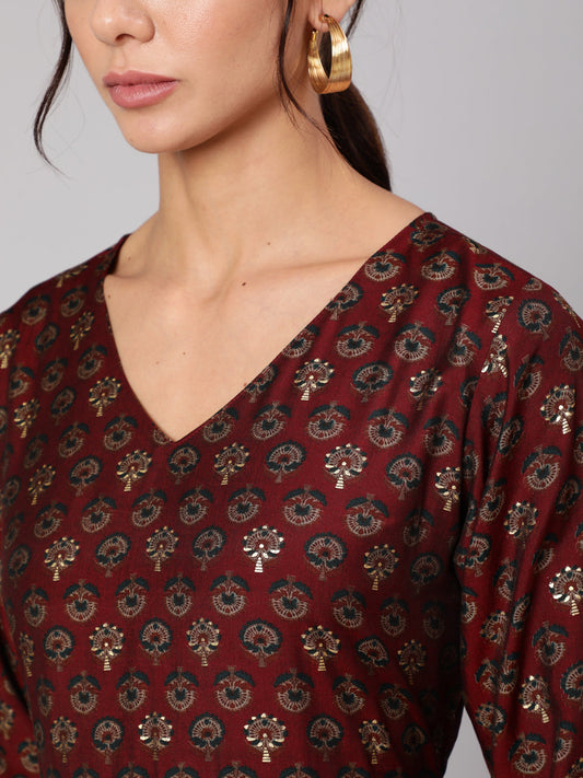 Women Maroon Ethnic Printed Gathered Dress With Three Quarter Sleeves | LASVINI - Redefining Indian Fashion with Elegance