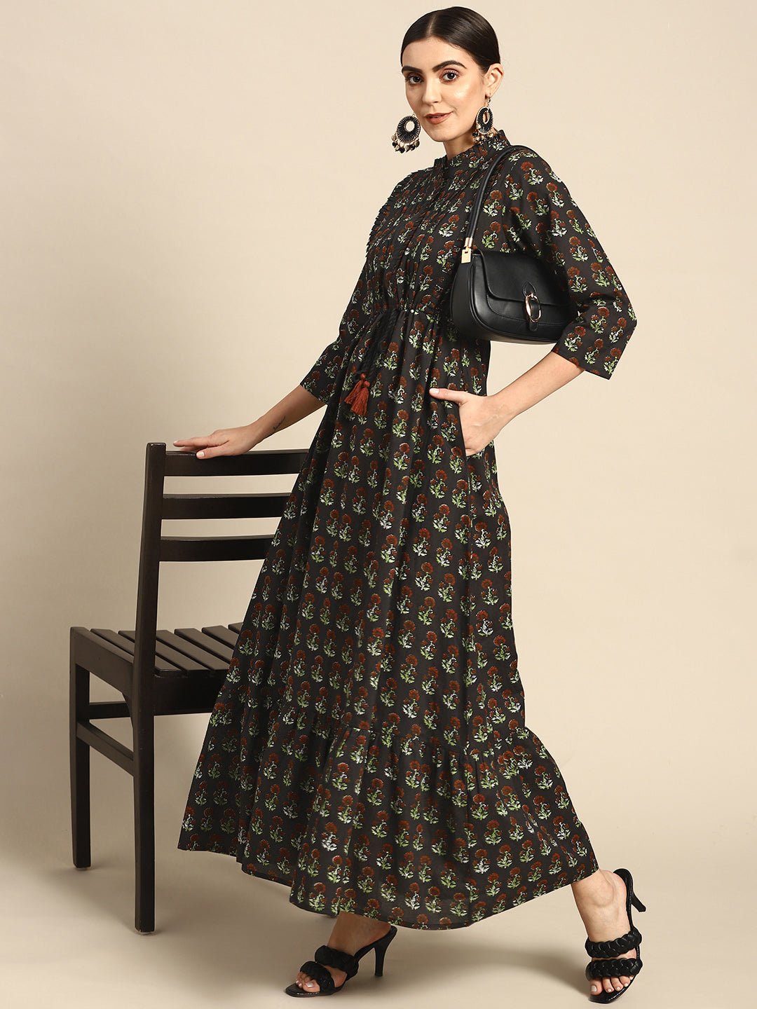 Women Black Printed Dress With Three Quarter Sleeves | LASVINI - Redefining Indian Fashion with Elegance