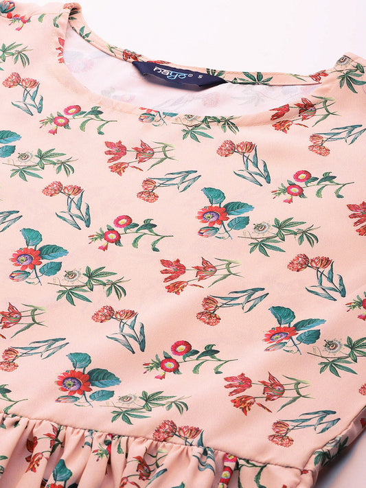 Women Peach Floral Printed Dress With Three Quarter Sleeves | LASVINI - Redefining Indian Fashion with Elegance