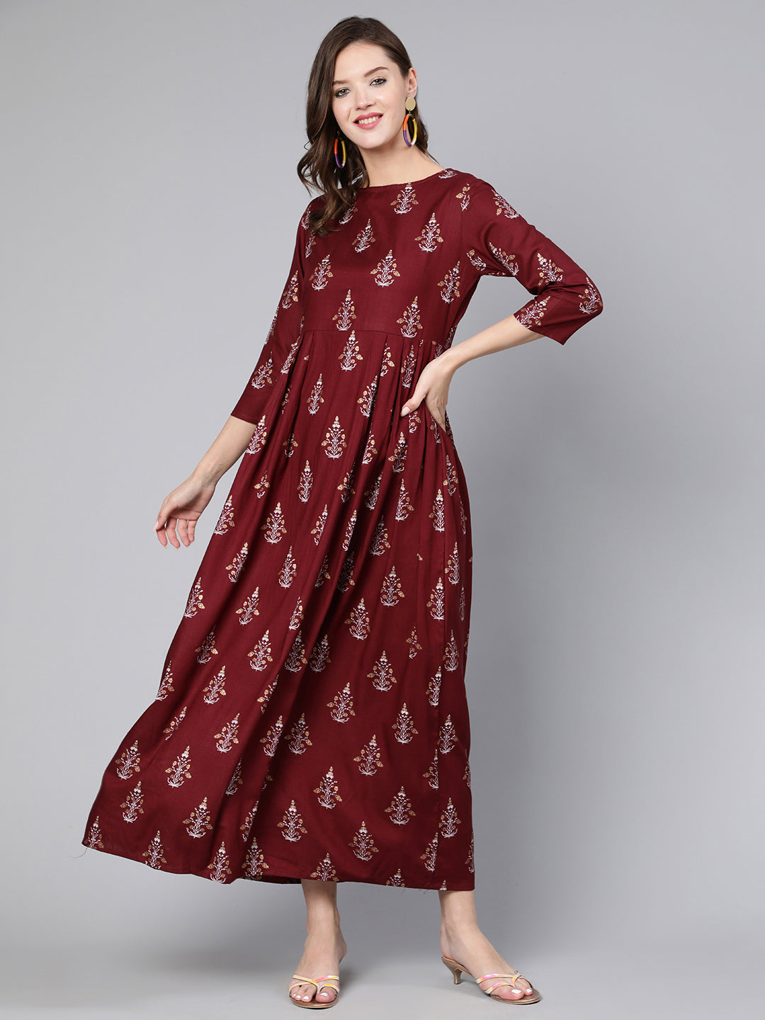 Women Burgundy Printed Flared Dress With Three Quarter Sleeves | LASVINI - Redefining Indian Fashion with Elegance