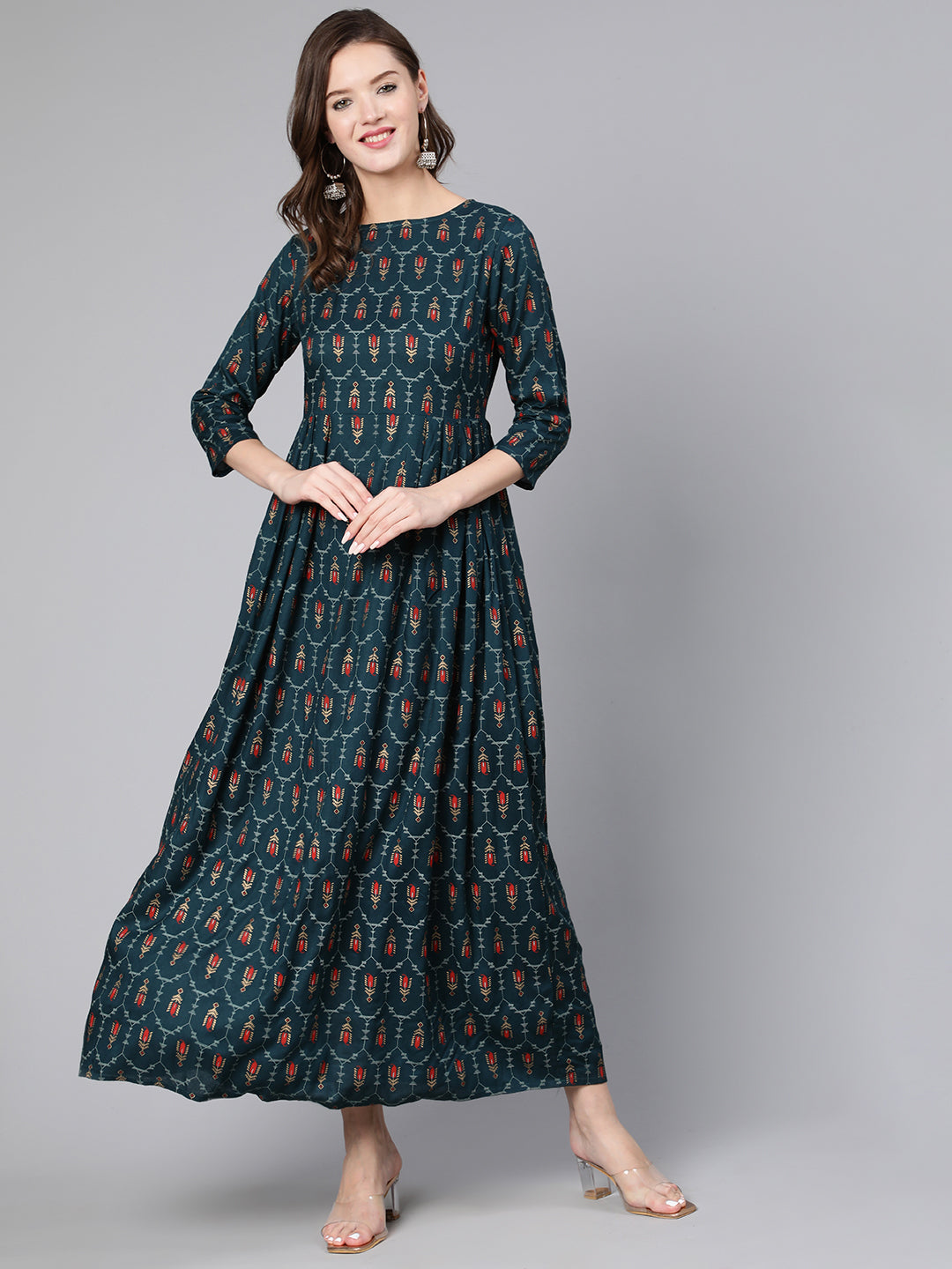 Women Blue Printed Flared Dress With Three Quarter Sleeves | LASVINI - Redefining Indian Fashion with Elegance