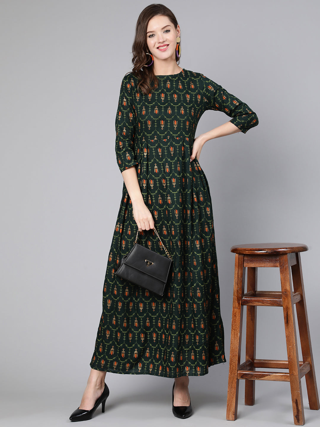 Women Green Printed Flared Dress With Three Quarter Sleeves | LASVINI - Redefining Indian Fashion with Elegance
