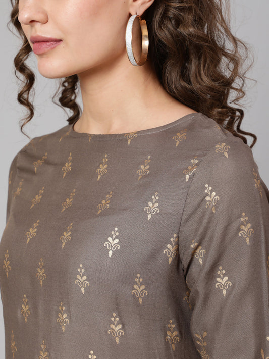 Women Grey Printed Flared Dress With Three Quarter Sleeves | LASVINI - Redefining Indian Fashion with Elegance