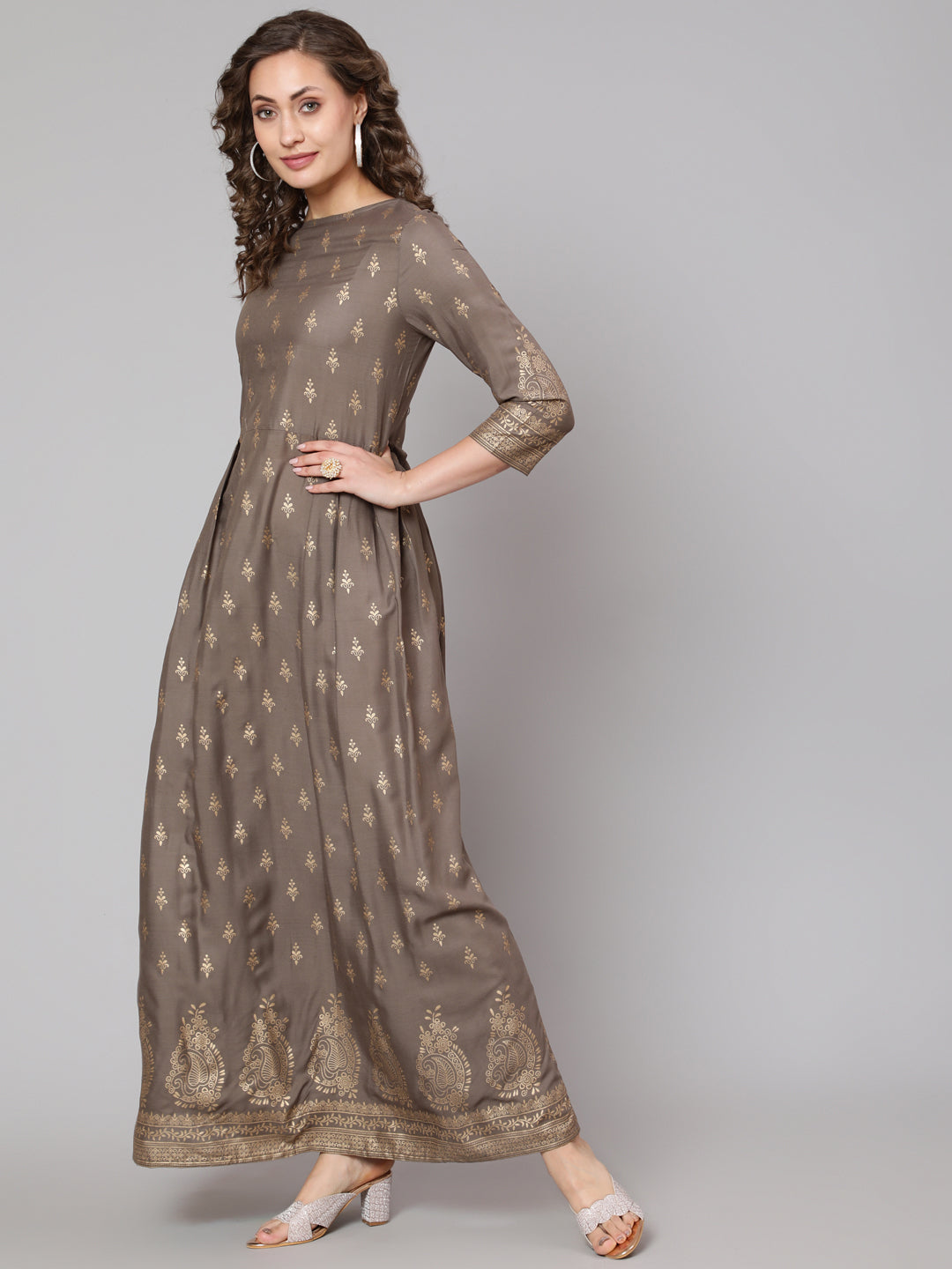 Women Grey Printed Flared Dress With Three Quarter Sleeves | LASVINI - Redefining Indian Fashion with Elegance