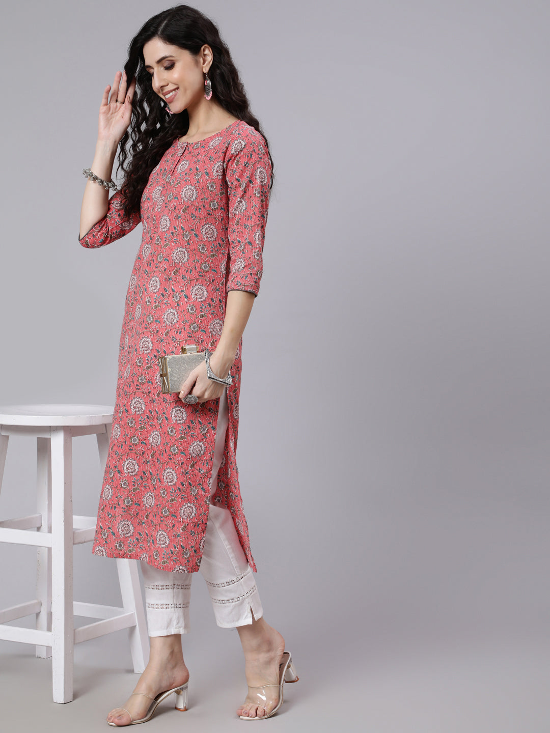 Women Pink Floral Printed Straight Kurta With Three Quarter Sleeves | LASVINI - Redefining Indian Fashion with Elegance