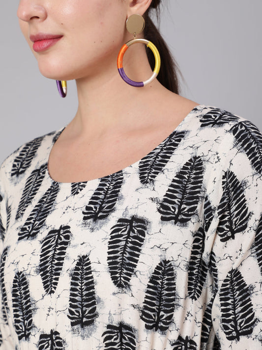 Women Off-White Printed Flared Dress With Three Quarter Sleeves | LASVINI - Redefining Indian Fashion with Elegance