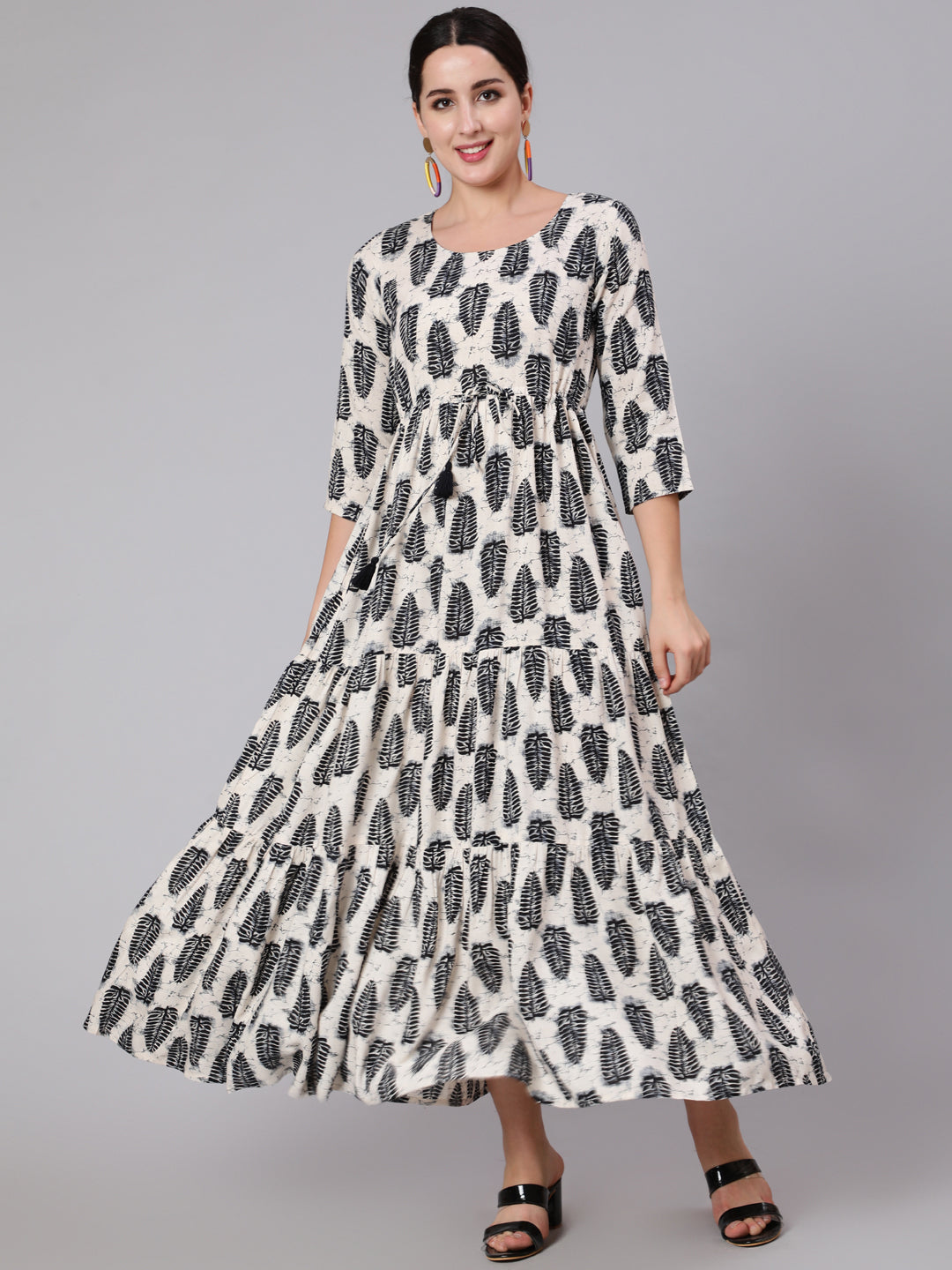 Women Off-White Printed Flared Dress With Three Quarter Sleeves | LASVINI - Redefining Indian Fashion with Elegance