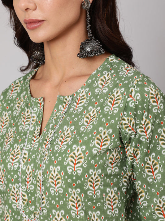 Women Green Ethnic Printed Straight Kurta With Three Quarter Sleeves | LASVINI - Redefining Indian Fashion with Elegance