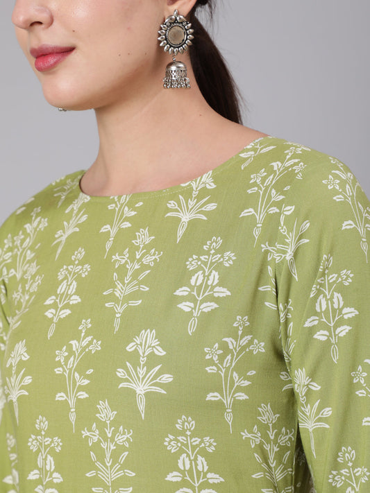 Women Olive Green Floral Printed Maxi Dress With Three Quarter Sleeves | LASVINI - Redefining Indian Fashion with Elegance