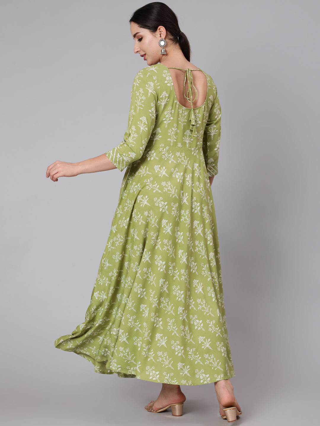 Women Olive Green Floral Printed Maxi Dress With Three Quarter Sleeves | LASVINI - Redefining Indian Fashion with Elegance