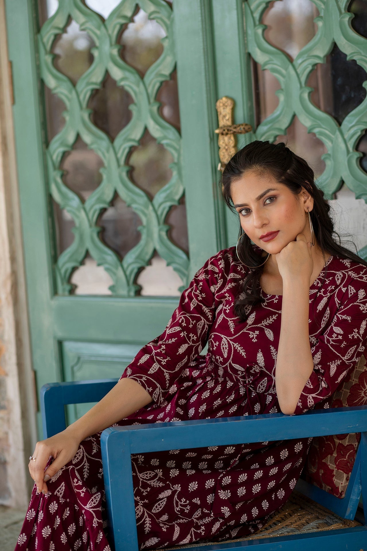 Women Burgundy Ethnic Printed Flared Dress With Three Quarter Sleevs | LASVINI - Redefining Indian Fashion with Elegance