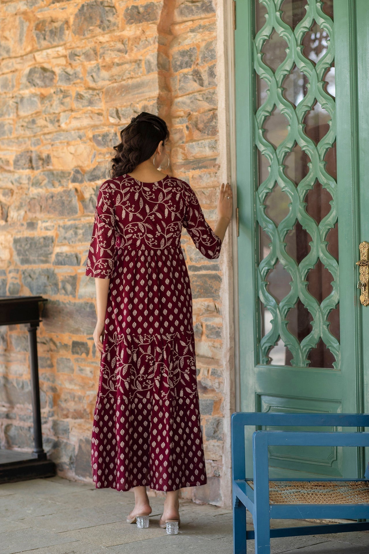 Women Burgundy Ethnic Printed Flared Dress With Three Quarter Sleevs | LASVINI - Redefining Indian Fashion with Elegance
