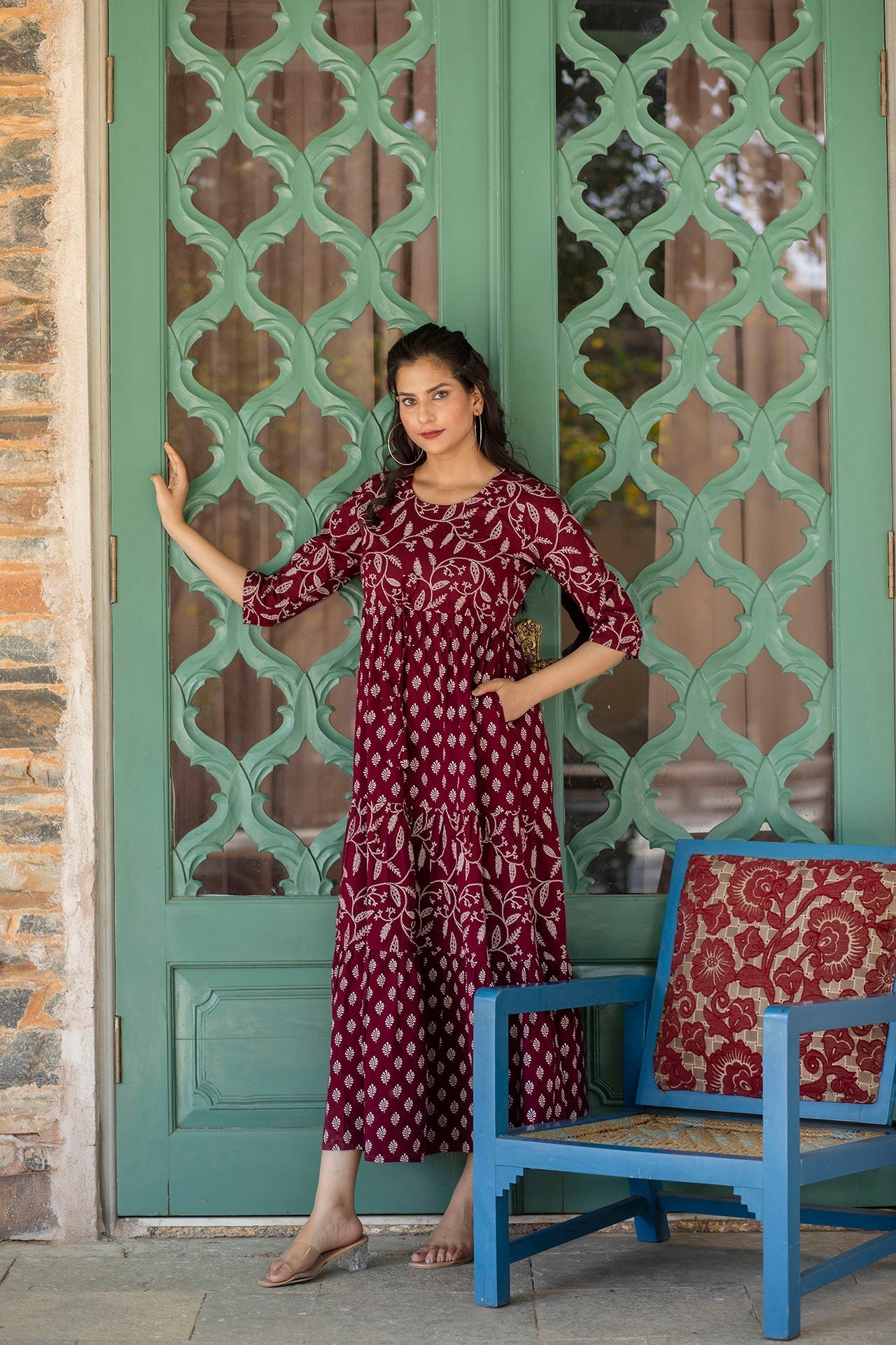 Women Burgundy Ethnic Printed Flared Dress With Three Quarter Sleevs | LASVINI - Redefining Indian Fashion with Elegance