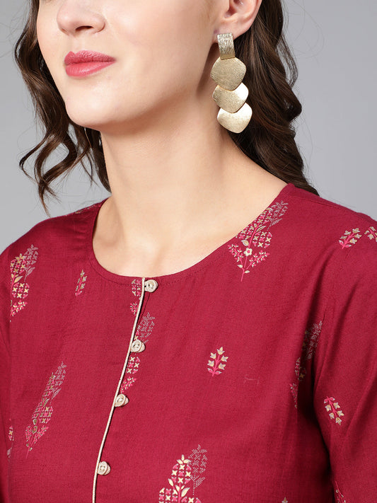 Women Burgundy Printed Flared Dress With Three Quarter Sleeves | LASVINI - Redefining Indian Fashion with Elegance