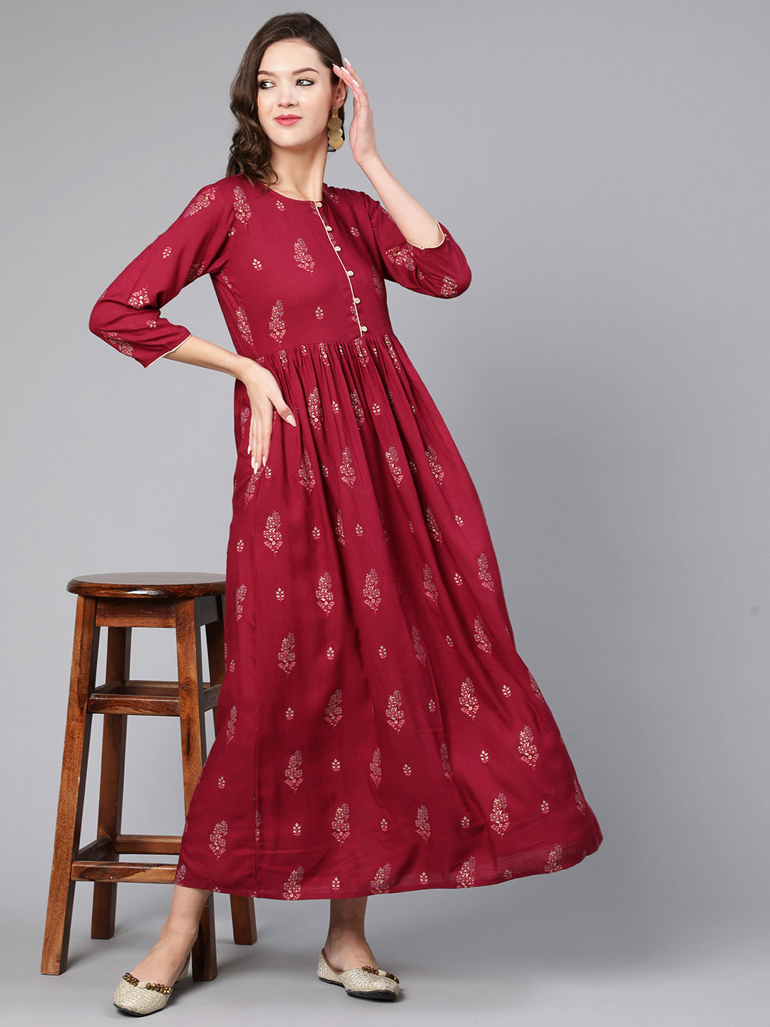Women Burgundy Printed Flared Dress With Three Quarter Sleeves | LASVINI - Redefining Indian Fashion with Elegance