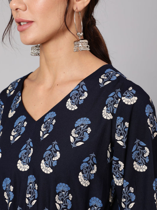 Women Navy Blue Ethnic Printed Gathered Dress With Three Quarter Sleeves | LASVINI - Redefining Indian Fashion with Elegance
