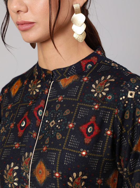 Women Navy Blue Ethnic Printed Gathered Dress With Three Quarter Sleeves | LASVINI - Redefining Indian Fashion with Elegance