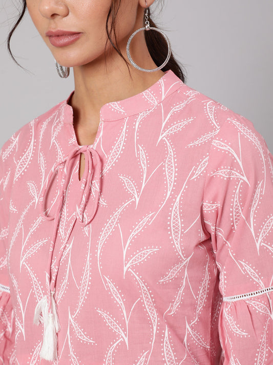 Women Pink Abstrac Printed Gathered Dress With Three Quarter Sleeves | LASVINI - Redefining Indian Fashion with Elegance