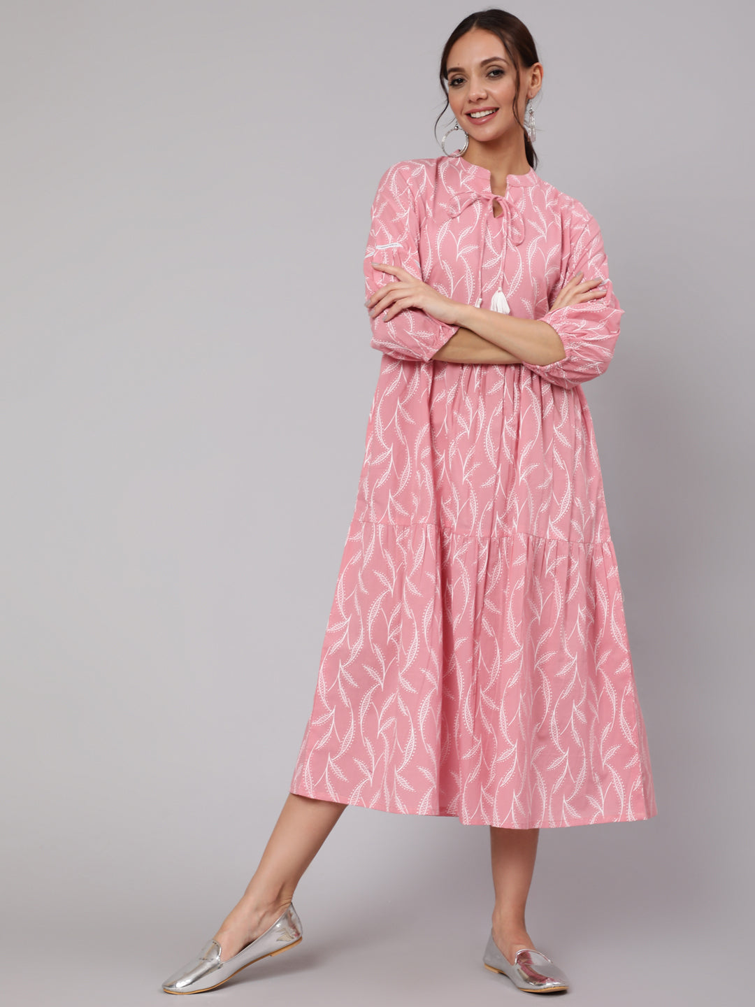 Women Pink Abstrac Printed Gathered Dress With Three Quarter Sleeves | LASVINI - Redefining Indian Fashion with Elegance