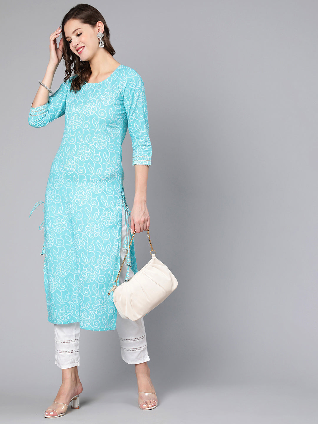 Women Aqua Blue Bandhani Printed Straight Kurta With Three Quarter Sleeves | LASVINI - Redefining Indian Fashion with Elegance