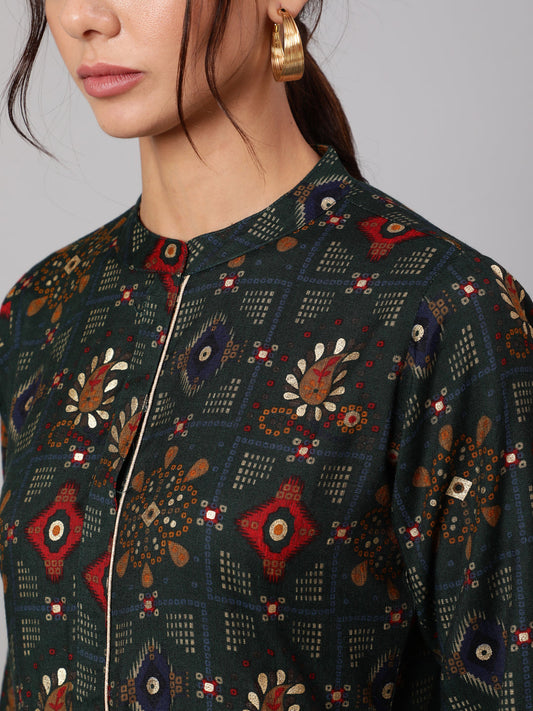 Women Green Ethnic Printed Gathered Dress With Three Quarter Sleeves | LASVINI - Redefining Indian Fashion with Elegance