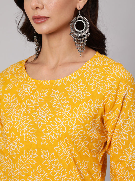 Women Yellow Bandhani Printed Straight Kurta With Three Quarter Sleeves | LASVINI - Redefining Indian Fashion with Elegance