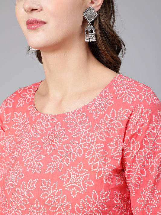 Women Pink Bandhani Printed Straight Kurta With Three Quarter Sleeves | LASVINI - Redefining Indian Fashion with Elegance